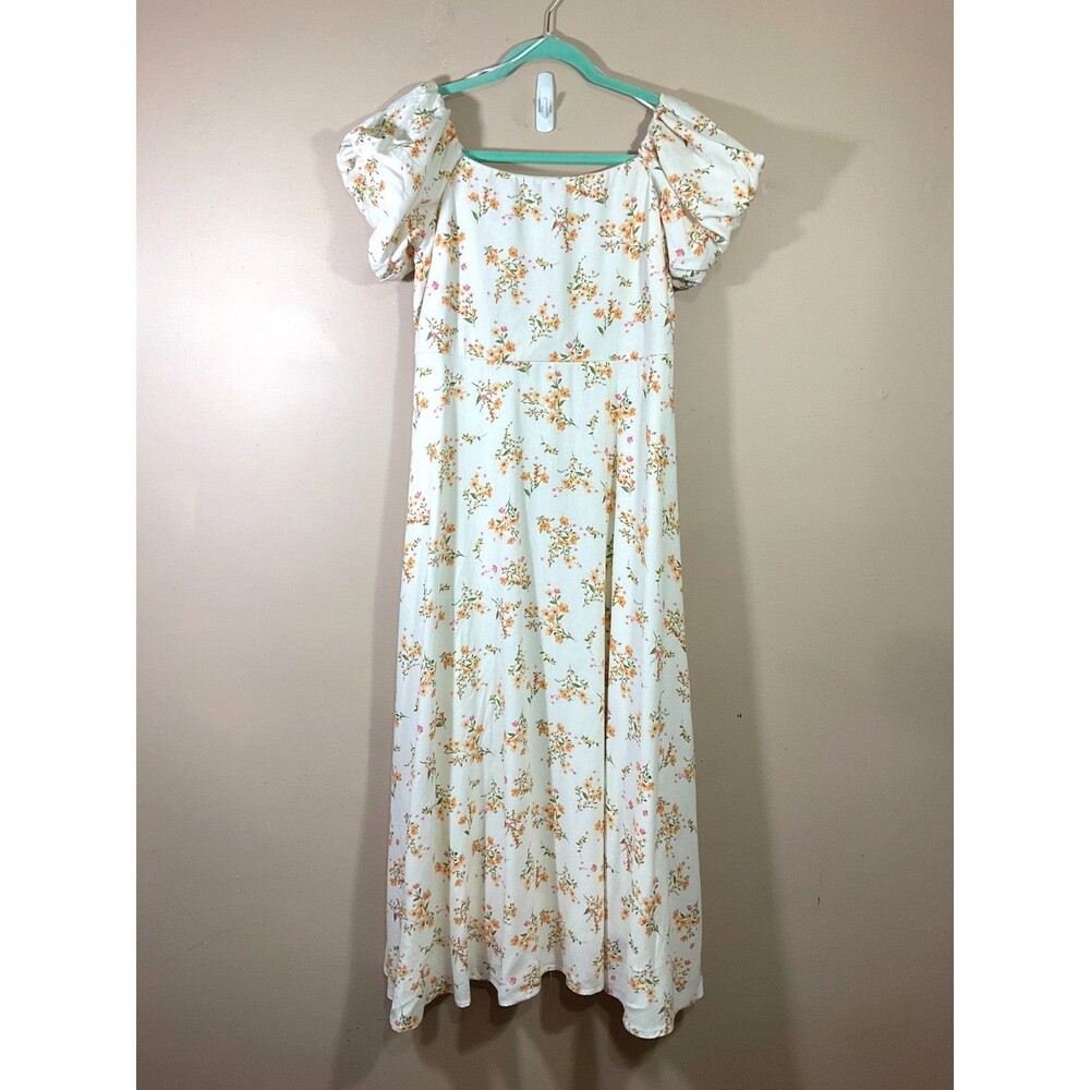 August Sky Puff Sleeve Floral Maxi Dress L White Cottage Party Coastal Romantic
